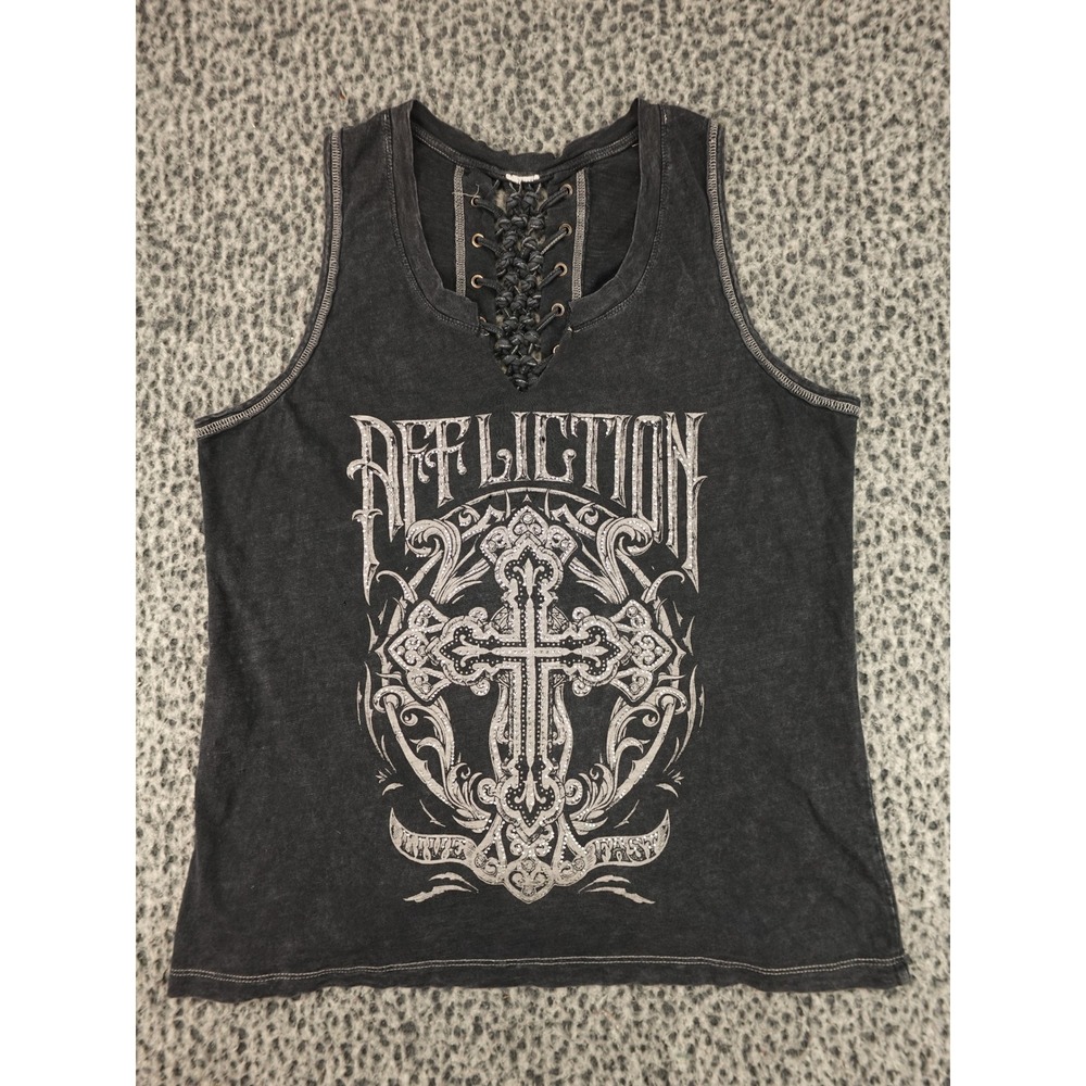 Affliction Tank Top Womens Large Black Lace Up‎ Back Rhinestone Cross